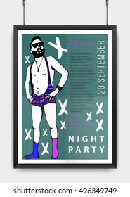 Poster design for your party or event. Black realistic frame. Male silhouette. Abstract. Vector illustration. Hipster style