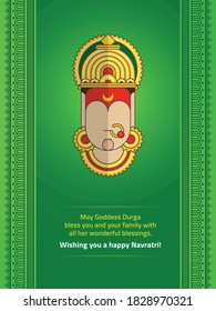 Poster Designed in Minimalist Style Goddess Durga Face along with traditional Indian Sari Design border background. Happy Navratri Diwali wishes.