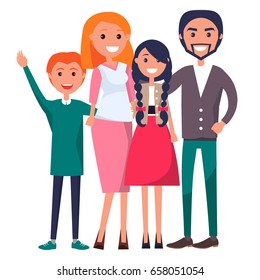 Poster devoted to parents' day vector illustration of family including father, mother, teenage son, adolescent daughter isolated on white