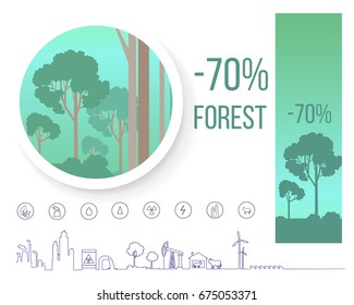 Poster devoted to problem of deforestation on earth. Vector infographic icons concerning cutting of woods and forest, saving nature concept