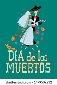 Poster Dia de Los Muertos. Beautiful couple of skeletons dancing slow dance. Vector full color graphics