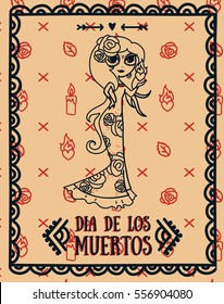 Poster for dia de los muertos, cute doodle sugar scull girl, vector illustration