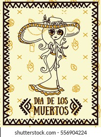 Poster for dia de los muertos, cute doodle sugar scull girl, vector illustration