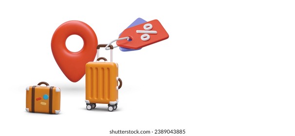 Poster with different bags for travel. Online shopping, buying travel suitcases and trolley bag with discount. Vector illustration in 3d style with place for text
