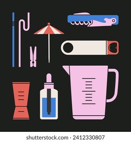 Poster with different bartender tools: jigger, corkscrew, bottle opener etc. Hand drawn vector illustration isolated on black background. Icons set. Cocktail shaker bar equipment. Party concept.