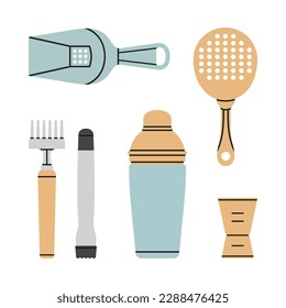 Poster with different bartender tools: julep, jigger, shaker, muddler etc. Hand drawn vector illustration isolated on white background. Icons set. Cocktail shaker bar equipment. Party concept.