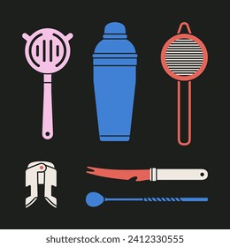 Poster with different bartender tools: strainer, knife, bar spoon, shaker etc. Hand drawn vector illustration isolated on black background. Icons set. Cocktail shaker bar equipment. Party concept