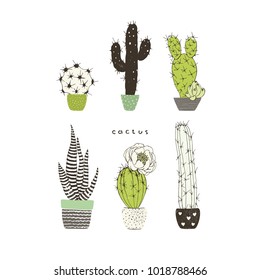 Poster with different cactuses and succulents. Vector doodle collection.