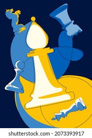 Poster with different chess pieces. Placard design in doodle style.