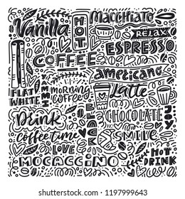 Poster with different coffee related words made in several styles of lettering. Great poster for coffee shop or restaurant. Include words like americano, hot drink, espresso.