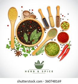 Poster of different cooking herbs and spices in wooden dish on white background realistic vector illustration