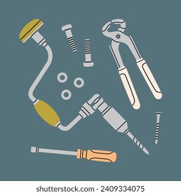 Poster with different home tools – brace, drill, ticks, pliers, bolts, screws and nails. Repair work, construction concept. Hand drawn vector illustration.