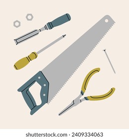 Poster with different home tools – pliers, chisel, screwdriver, saw. Repair work, construction concept. Hand drawn vector illustration.