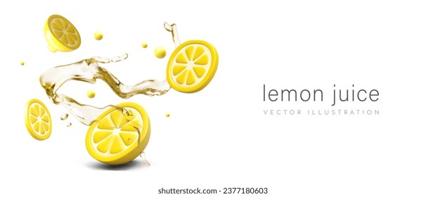 Poster with different lemon slices and splash of yellow juice. Dripping liquid with fruit. Fresh drink concept. Vector illustration in yellow colors with place for text