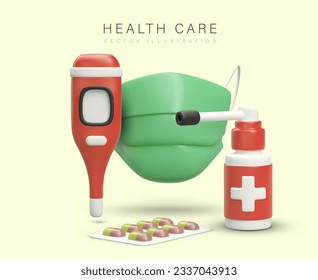 Poster with different medical equipment. 3d realistic thermometer, pills and spray. Health care concept. Medical support for people. Vector illustration with place for text
