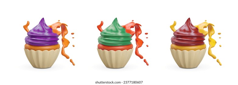 Afiche con diferentes muffins en color púrpura, verde y rojo y salpicaduras de líquidos. Dulces con un concepto de sabores diferentes. Ilustración vectorial en estilo 3d