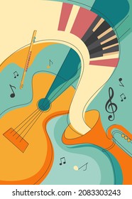 Poster with different musical instruments. Placard design in doodle style.