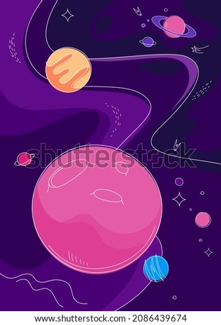 Poster with different planets. Placard design in doodle style.