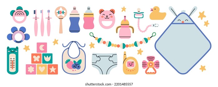 Poster with a different products for newborn babies. Health care, bathing, toys for entertainment and development. Cute design for boys and girls. Hand drawn isolated vector illustration.