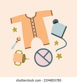 Poster with different products for a newborn baby. Clothes and tableware for feeding. Happy Birthday or Baby Shower concept. Hand drawn vector illustration. Print, postcard, invitation design.