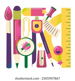 Poster with different school stationery. Set of school supplies. Back to school