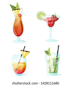 Poster with different tropical cocktails, mai tai, mojito, strawberry daiquiri, rum punch. Vector illustration
