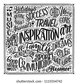 Poster with different type of inspirations. Inspirational words. Hand drawn vintage illustration with hand-lettering and decoration elements. Illustration for prints on t-shirts and bags, banners