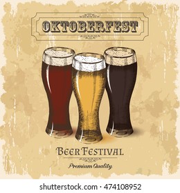 Poster with different types of beer. Oktoberfest sketch, freehand drawing.