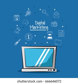 poster of digital marketing with laptop computer and sketch background of marketing icons