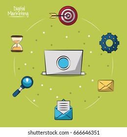 poster of digital marketing with laptop computer in closeup and marketing icons around on him