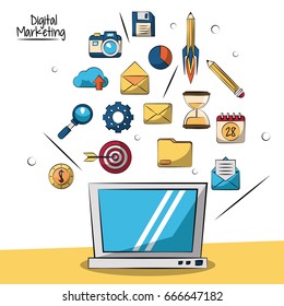 poster of digital marketing with laptop computer in closeup and smaller marketing icons in background