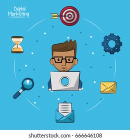 poster of digital marketing with man working in laptop computer in closeup and marketing icons around on him