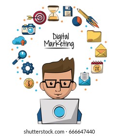 poster of digital marketing with man working in laptop computer in closeup and marketing icons around of him