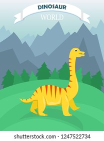 Poster with dinosaur on the background of a mountain landscape. Dinosaur world. Banner in a flat cartoon style.