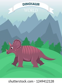 Poster with dinosaur on the background of a mountain landscape. Dinosaur world. Banner in a flat cartoon style.