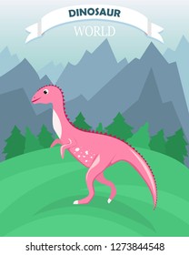 Poster with dinosaur on the background of a mountain landscape. Dinosaur world. Banner in a flat cartoon style.