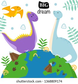poster with dinosaurs on the globe - vector illustration, eps