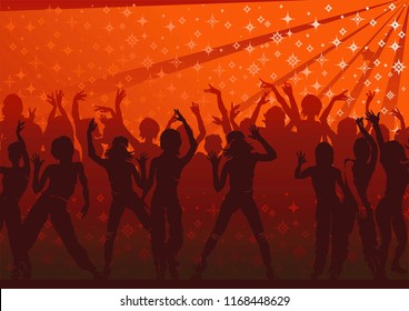 Poster for disco party with silhouettes of dancing people. Music event illustration. Elegant template with young detailed silhouette of girl. Vector background for print