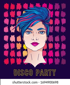 Poster for disco party with young woman with blue short hair, 80s style palette, vector illustration