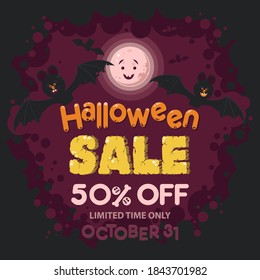 Poster discount a 50% the original inscription Halloween sale with the moon and bats on a dark background.