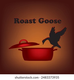 Poster für das Gericht gebratene Gans und eine spezielle dickwandige Pfanne zum Braten