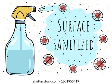 A poster disinfectant spray eliminates viruses. Caption: "Surface sanitized." Color image on a white background.