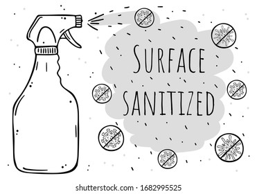 A poster disinfectant spray eliminates viruses. Caption: "Surface sanitized." Monochrome image on a white background.