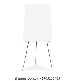 Poster display board tripod easel stand. Realistic vector mockup. White blank advertising sign on metal legs. 3d mock-up. Template for design