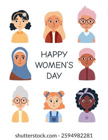 Poster with diverse women and girls celebrating International Women's Day. The portrait features inclusivity, feminism, empowerment, equality, and culture, symbolizing unity and sisterhood