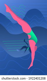 Poster with the diving sportswoman. Woman in jumping position on a sea blue background. Training or competing in some championship. Simple vector illustration icon in minimalist flat style