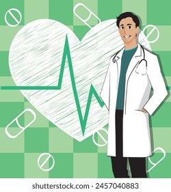 Poster of a doctor boy with a beating heart and different pills in the background