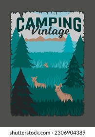 Poster with doe and forest. Herbivores among green grass and pines. Vintage covers with mammals and national park scenery. Mountains, camping, wildlife concept. Cartoon flat vector illustration