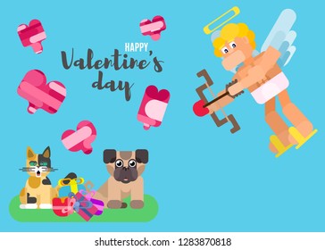 poster with a dog and a cat on a turquoise background and cupid