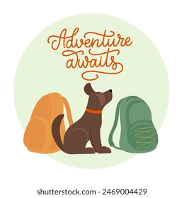 Poster with dog sitting between the backpacks. Adventure awaits lettering composition in monoline style. Vector color illustration.